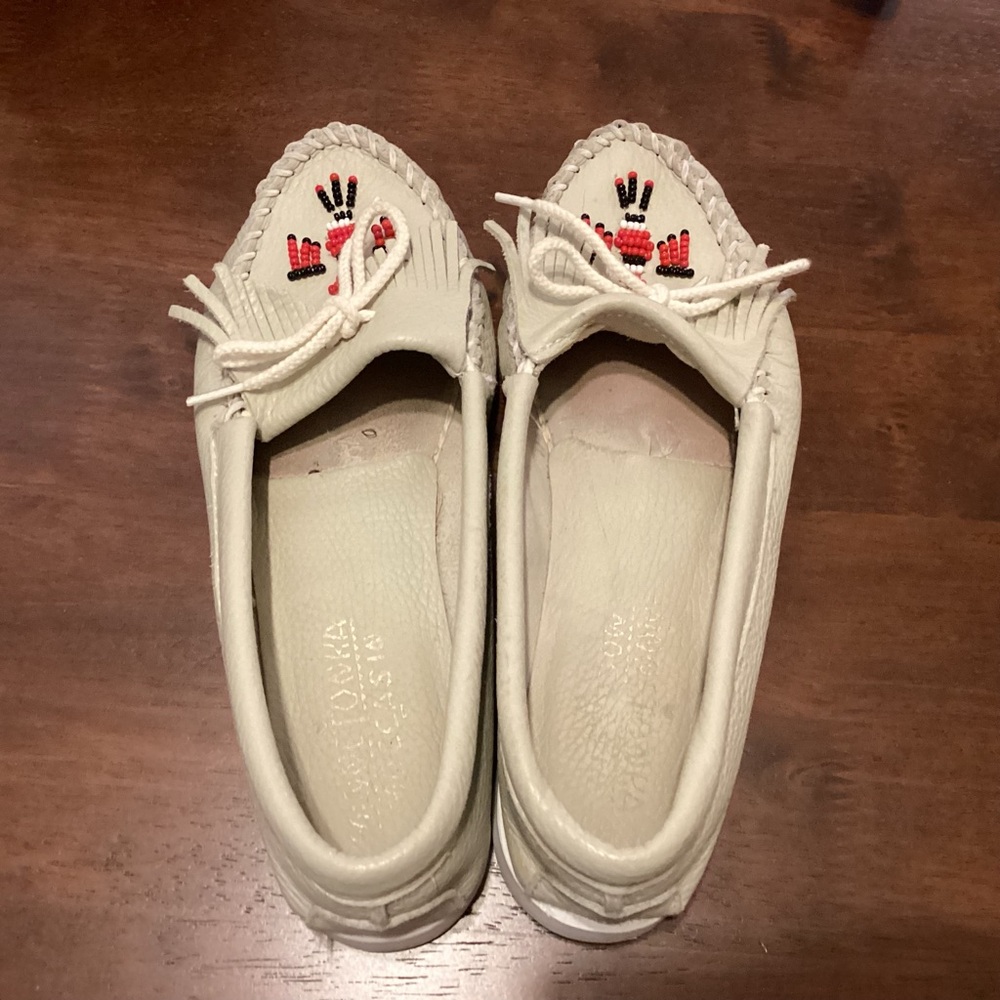 Minnetonka Light Grey Moccasins with Red Stitching size 9